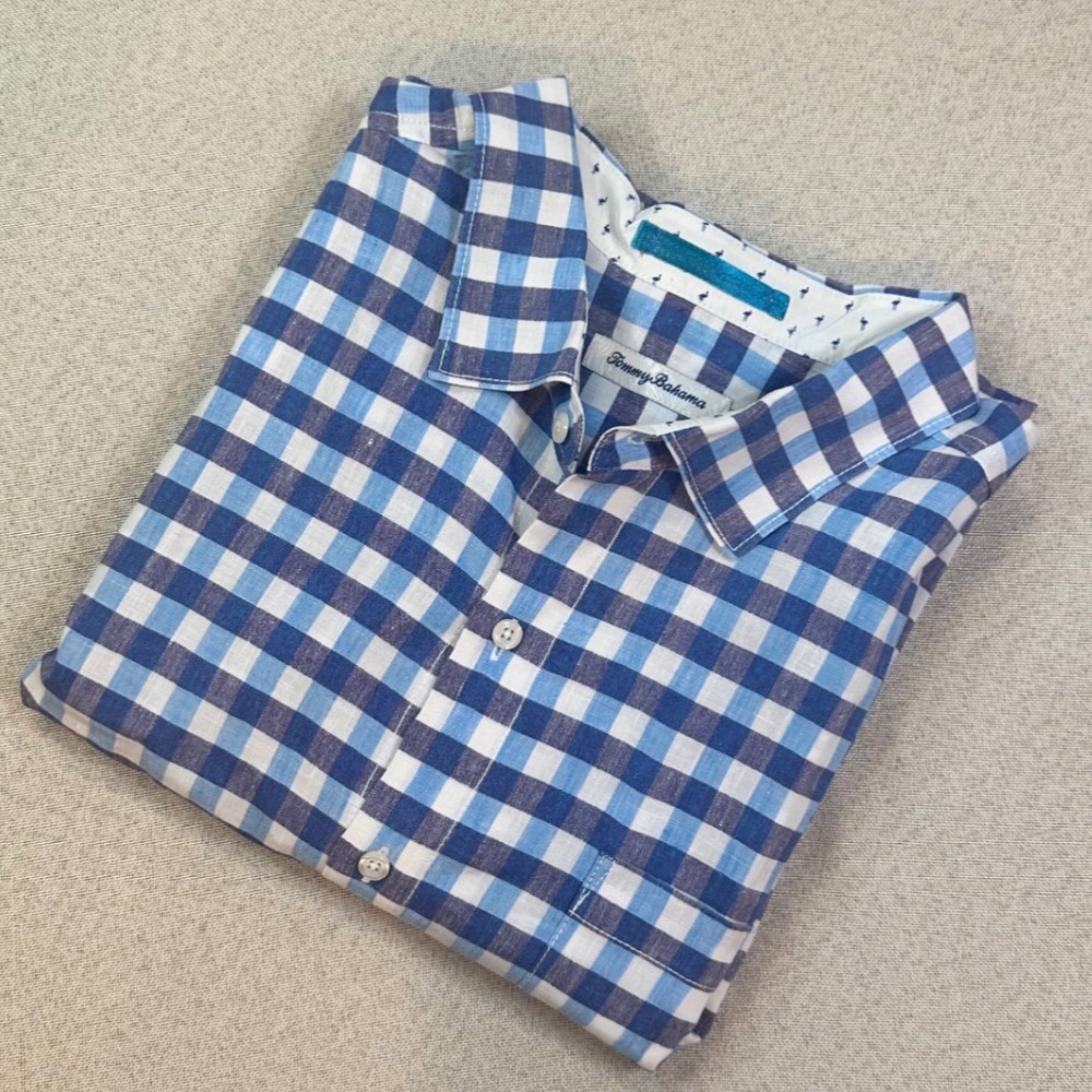 Tommy Bahama Gingham Shirt Mens XL Blue Linen Blend Short Sleeve Coastal Classic